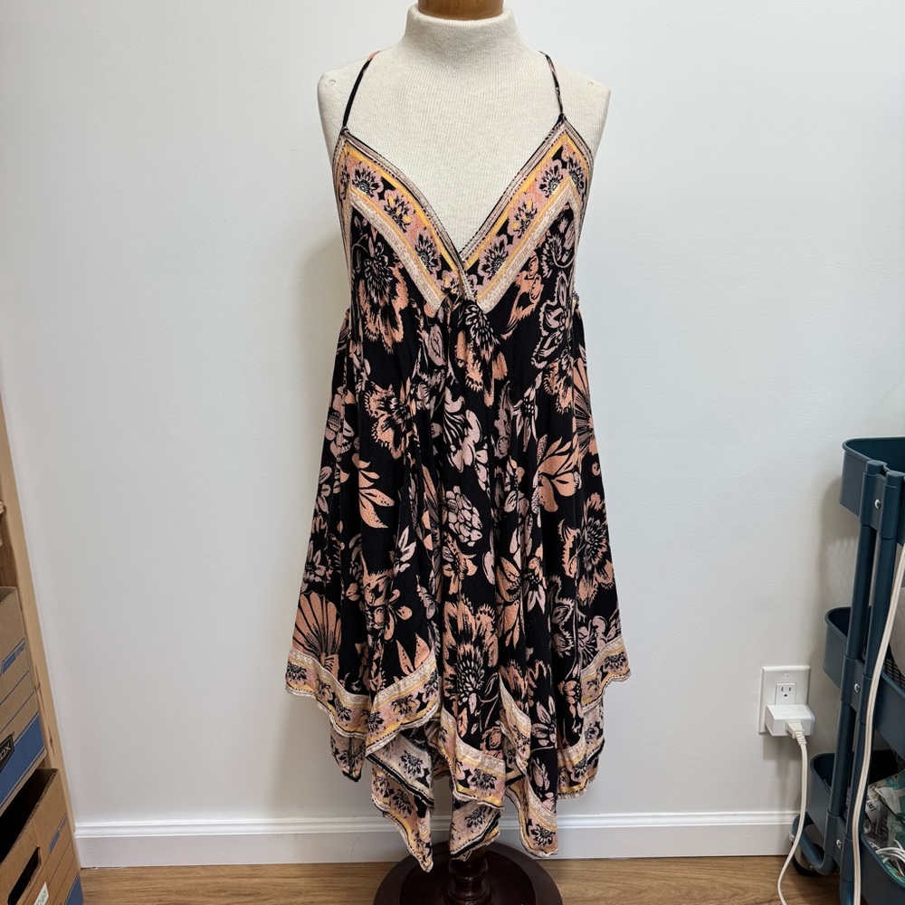Free People Black and Blush Floral Asymmetrical Slip Dress - Picture 2 of 14